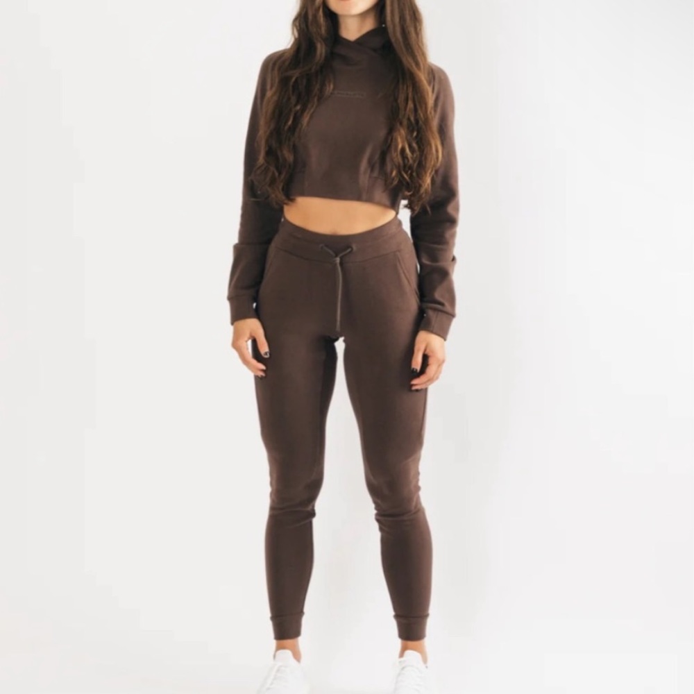 Alphalete brown identity pro cropped hoodie and joggers set